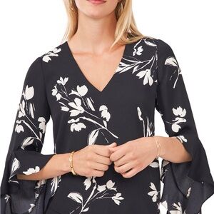 Vince Camuto Black and White Floral V-Neck Blouse